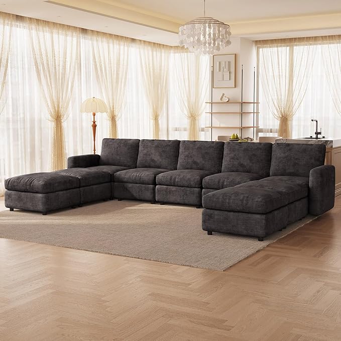 9-Seat Modular Sectional Sofa with 4 Storage Ottomans, Oversized Deep L-Shaped Couch for Living Room, Grey Velvet Modern Family Sofa Set, Extra Comfy Loveseat Sleeper Bed with Flexible Layout