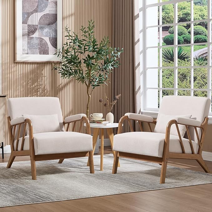 ANJ Mid Century Modern Accent Chair Set of 2，Living Room Chairs with Wood Frame &Lumbar Pillow, Upholstered Reading Armchair for Bedroom