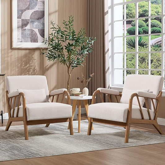 ANJ Mid Century Modern Accent Chair Set of 2，Living Room Chairs with Wood Frame &Lumbar Pillow, Upholstered Reading Armchair for Bedroom