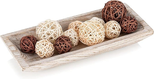 Hanobe Decorative Wood Dough Bowl: Long Wooden Bowl for Entry Way Table Home Decor - Coffee Table Decor for Living Room - Dining Table Centerpiece Decor, White