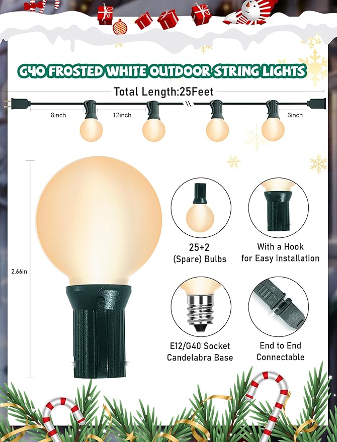 Outdoor String Lights 25Ft G40 Globe Patio String Light with 27 Frosted White Bulbs(2 Spare) Hanging Outdoor Christmas Lights for Backyard Porch Balcony Party Christmas Decor