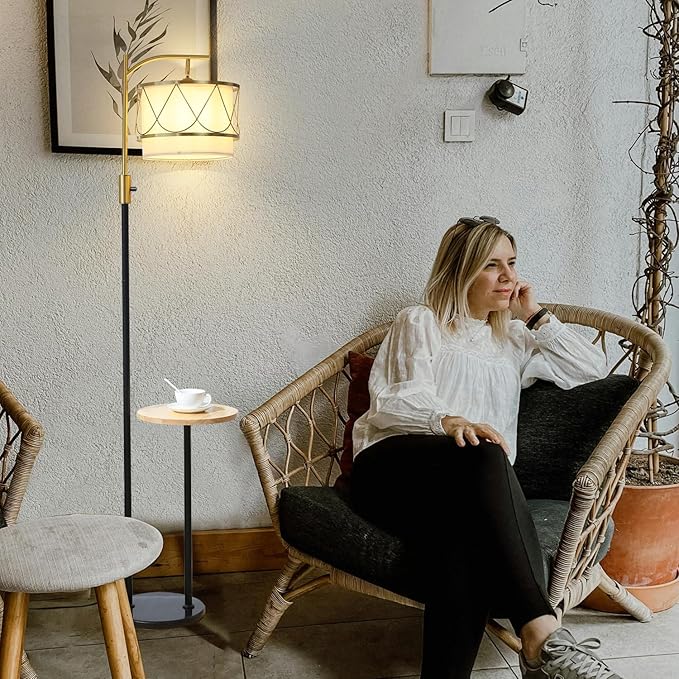 Dimmable Floor Lamp with Wooden Table and Marble Base, Boho Farmhouse Arc Standing lamp with Fabric & Metal Lampshades for Living Room Bedroom