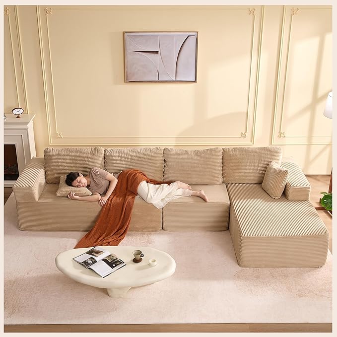 138" Boneless Couch with Deep Seat, Modular Sectional Sofa, Cloud Sectional Couch for Living Room, No Assembly Required, Corduroy, 4 Seater L-Shape Right, Camel