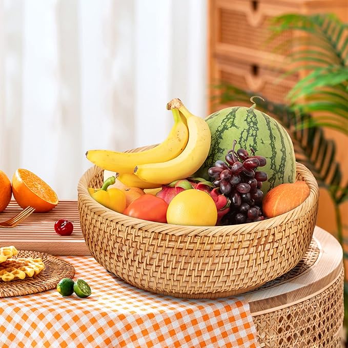 Natural Rattan Round Fruit Basket Bowls, Hand Woven Decor Serving Baskets, Wicker Storage for Dinning Room (Round-Combo)