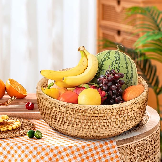 Natural Rattan Round Fruit Basket Bowls, Hand Woven Decor Serving Baskets, Wicker Storage for Dinning Room (Round-Medium)