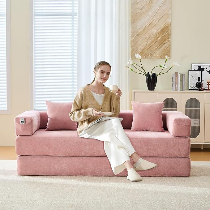 Convertible Floor Sofa Bed with Storage Pocket, Chenille Folding Mattress Sofa with Zipper Closure, Floor Lounge Couch for Living Room, Bedroom, Studio -Pink