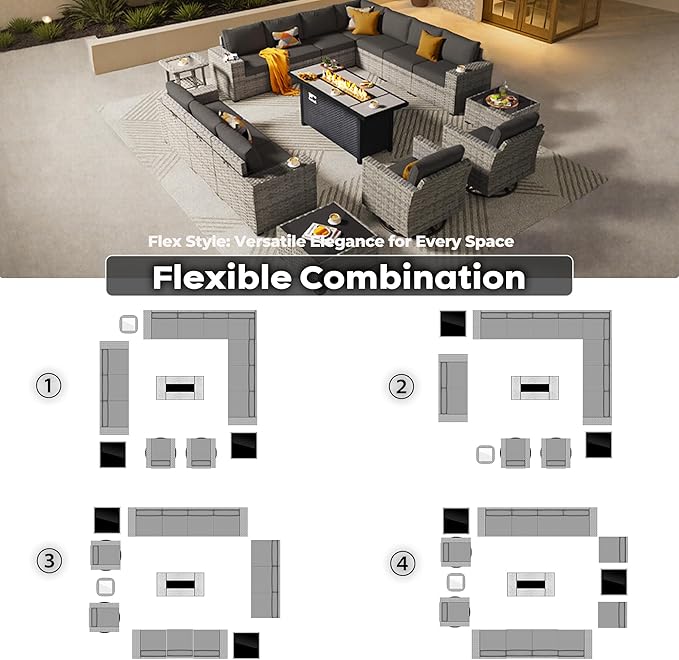 ovios 16 Pieces Patio Furniture Set, Outdoor Wicker Sectional Sofa with 54" Fire Pit Table Swivel Chairs, Modern Modular Deep Seat Rattan Couch Conversation Sets, Black