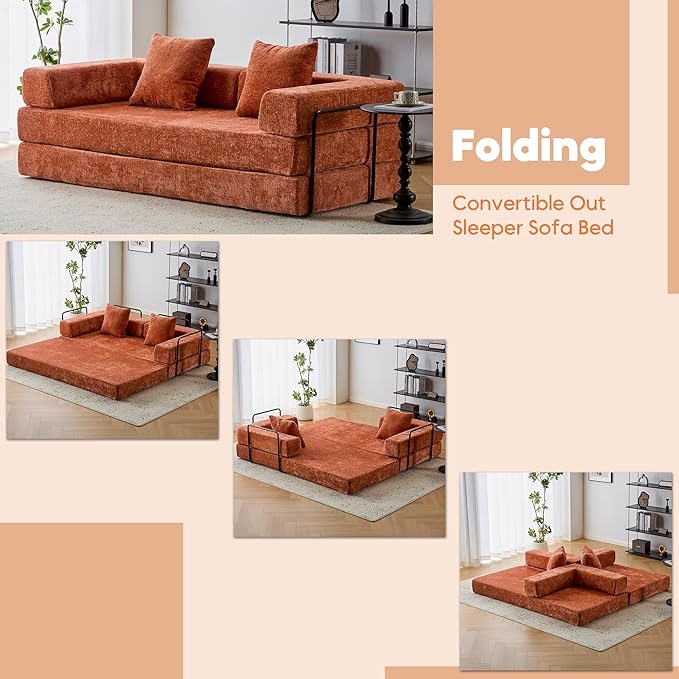 Convertible Floor Sofa Bed with Fixed-Shape Frame, Modular Chenille Folding Mattress Couch with Armrest, Floor Sofa Lounge Couch for Living Room Bedroom Lounge Studio,Burnt Orange
