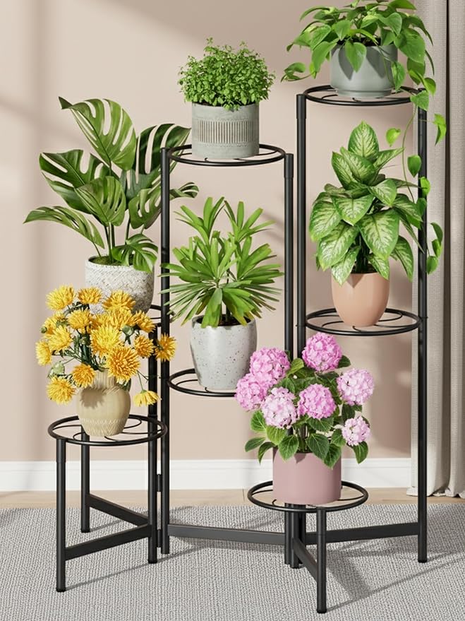 Corner Shlf Patio 7 Tier Metal Plant Stand Indoor Outdoor Tall Metal Flower Pot Stands for Multiple Plants Heavy Duty Plant Shelf Black Kite