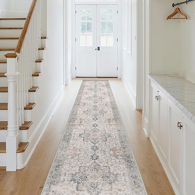 GENIMO Runner Rug 2x12, Non Slip Vintage Hallway Runner Rugs, Low Pile Lightweight Machine Washable Mat for Hallway, Entryway, Bedroom, Kitchen and Corridor,Light Taupe Brown