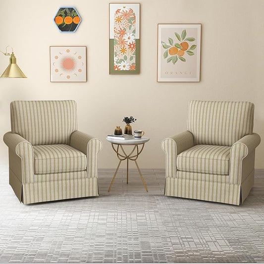 INZOY Swivel Accent Chair Set of 2, Mid Century Modern Reading Chair, Upholstered Swivel Square Chair for Living Room Bedroom Small Spaces, Fully Assembled, Brown Stripe
