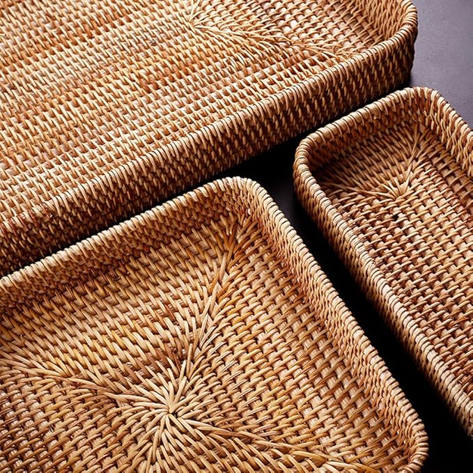 i-lan Set of 3 15" Rattan Woven Serving Tray Basket with MOP Wooden Base and Handles, Boho Wicker Coffee Table Décor Serving Tray with 2 Inch Wall, Handmade Display Basket for Everywhere