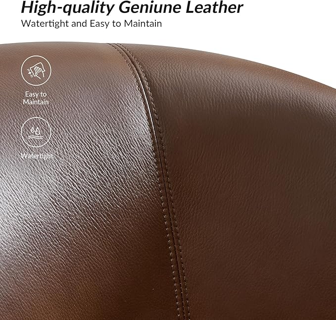 HULALA HOME Genuine Leather Swivel Accent Chair with Solid Wood Base, Round Swivel Barrel Chair for Living Room and Bedroom, Brown
