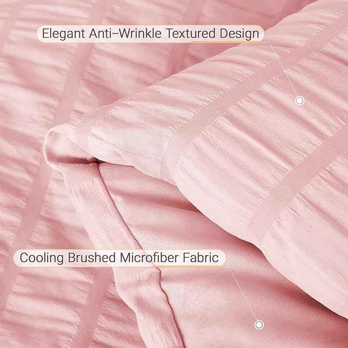 MUXHOMO 7 Pieces Queen Comforter Set, Seersucker Bed in a Bag Queen Size, All Season Luxury Bedding Set with Comforter, Flat Sheet, Fitted Sheet, Pillowcases & Shams, Pink