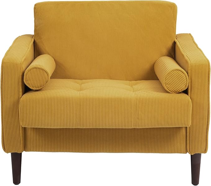 UIXE Accent Chair, Corduroy Upholstered Arm Chairs for Living Room, Comfy Armchair Mid-Century Track Armrest Single Sofa Bedroom Reading Seat with 2 Bolster Pillows - Yellow, Set of 1