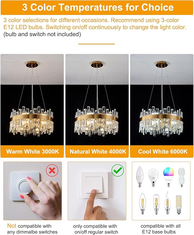 Round Crystal Chandeliers, D19.7 inch 12-Light Brass Gold Chandelier Lighting Fixture, Height Adjustable Pendant Ceiling Light for Living Room Dining Room Bedroom