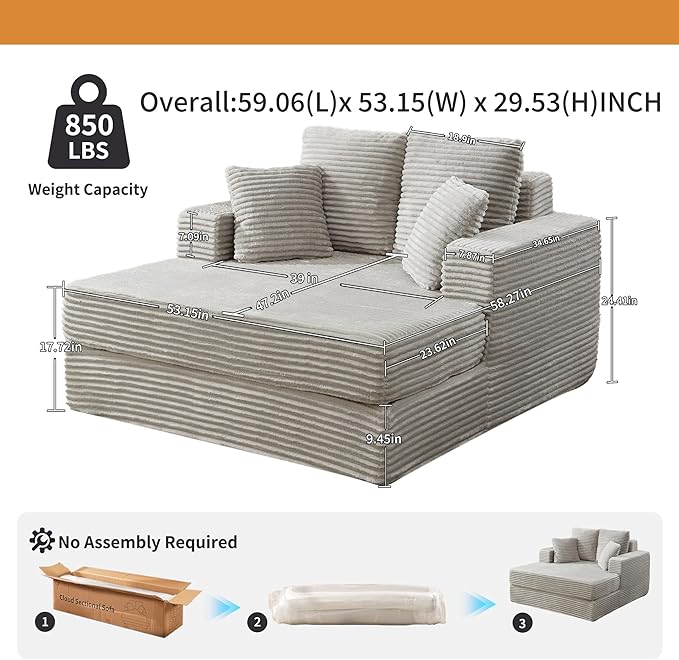 59" Chaise Lounge Chair Indoor - Oversized Comfy Corduroy Upholstered Sleeper Sofa with 4 Pillows & Armrests, Deep Seat Reading Chair Couch for Living Room, No Assembly Required - Light Gray