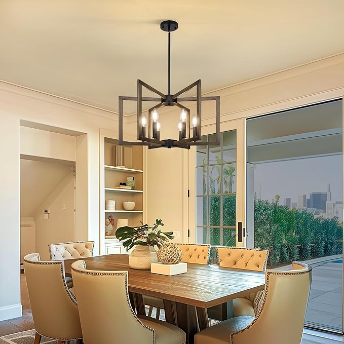 6-Light Kitchen Island Pendant Lights，Modern Farmhouse Kitchen Ideas Light Fixture，Industrial Hanging Chandelier for Dining Room，Wood Grain Finish and Black Chandelier for Foyer