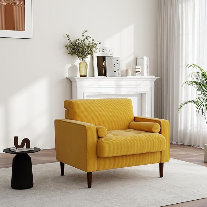 UIXE Corduroy Accent Chairs Set of 2, Modern Upholstered Living Room Arm Chair Comfy Bedroom Reading Armchair with Bolster Pillows, Mid-Century Track Armrest Tufted Single Sofa Seat (Yellow)