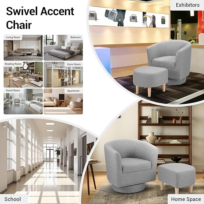 DAZONE Swivel Accent Chair, Modern Barrel Chair with Ottoman, Comfortable Living Room Chairs Upholstered Armchairs 360 Degree Swivel Round Club Tub Armchair for Bedroom Reading Room, Grey