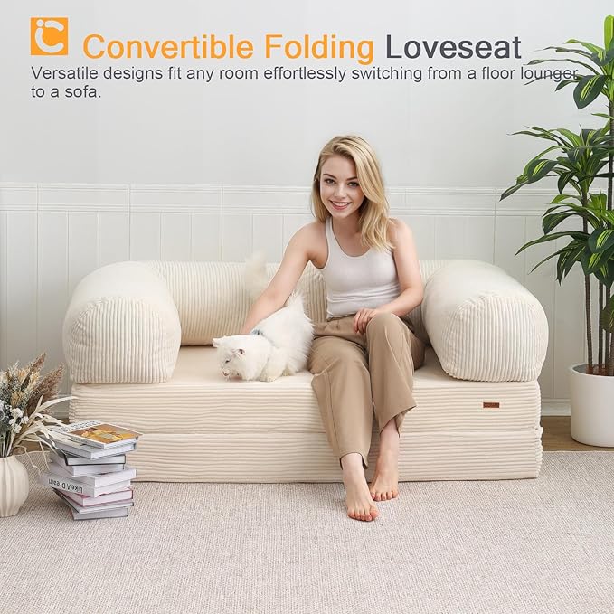 COMAX Folding Sofa Bed Queen, 4-in-1 Foldable Floor Couch Convertible Futon Sofa with Armrests Sleeper Mattress Chair Bed Comfy Portable Fold Out Lounge Guest for Living Room Bedroom, Beige