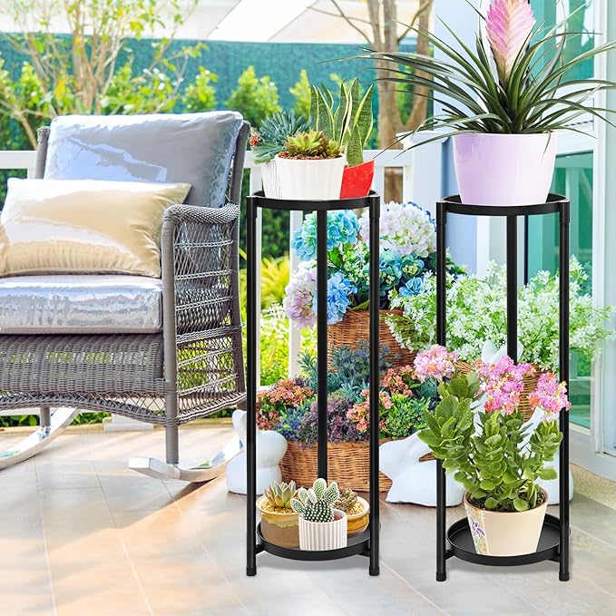 2 Tier Plant Stand Indoor, Black Corner Tiered Tall Plant Stand for Outdoor Multiple Plants, Metal Flower Pot Stands Holders Plant Display Shelf for Balcony Living Room Garden Patio(2Pcs)