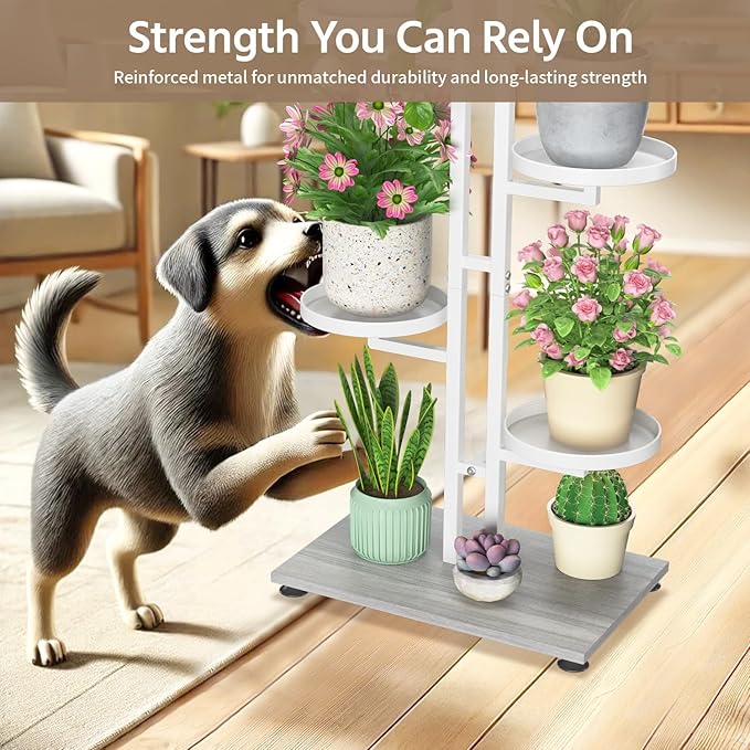 LASZOLA White 5 Tiered Plant Stand Indoors Heavy Duty Metal Rack, Sturdy Multi Level Shleving Hold Flowers, Larger House Decorate Ladder for Planting Inside Tree Herb Cactus, Wooden Base, Space Saving