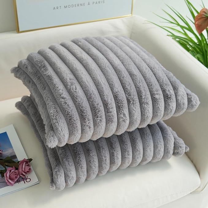 JOJUSIS Pack of 2 Faux Fur Plush Decorative Throw Pillow Covers Couch Cushion Case Soft Pillowcases (Grey, 24 x 24-Inch)