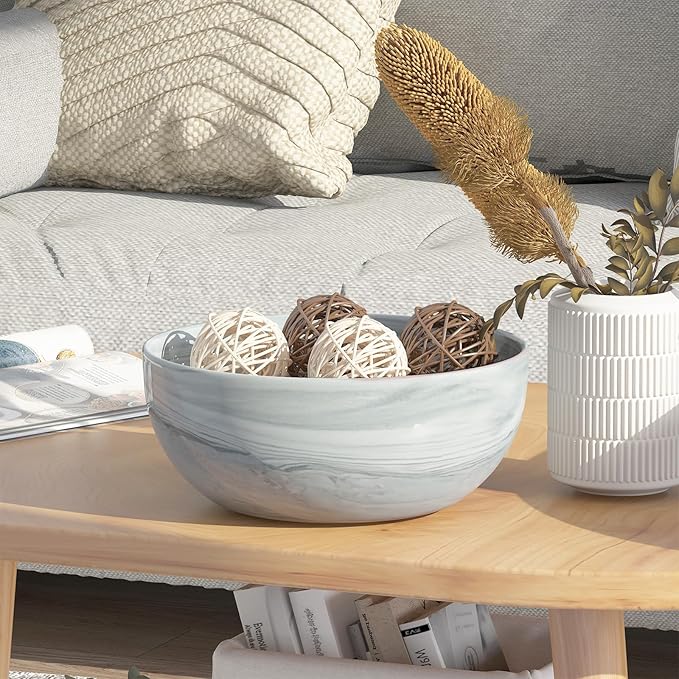 Large Decorative Fruit Bowl, Marble-patterned Ceramic Bowl for Coffee Table Entryway Kitchen Modern Home Decor Centerpiece 9.5 Inches, Grey