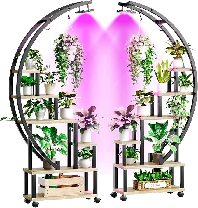 Bestier Plant Stand Indoor with Grow Lights, 6 Tiered Metal Plant Shelf with Wheels for Plants Multiple, Half-Moon Shape Plant Rack Display Shelf, Large Plant Holder for Home, Patio, Balcony (2 Pcs, Oak)