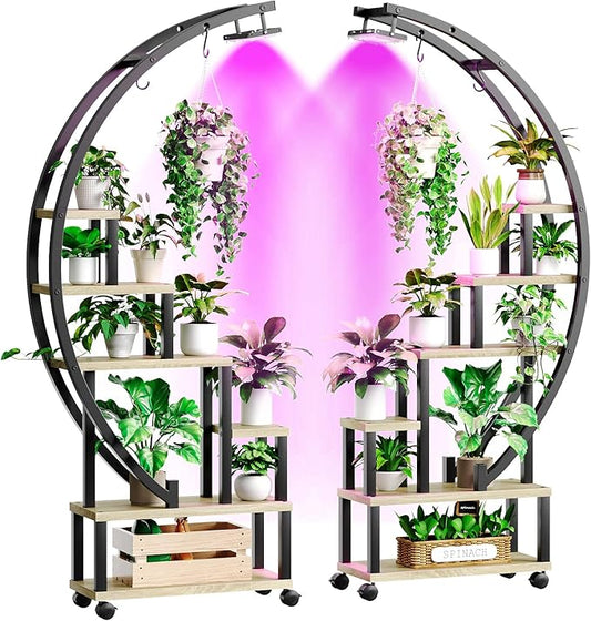 Bestier Plant Stand Indoor with Grow Lights, 6 Tiered Metal Plant Shelf with Wheels for Plants Multiple, Half-Moon Shape Plant Rack Display Shelf, Large Plant Holder for Home, Patio, Balcony (2 Pcs, Oak)