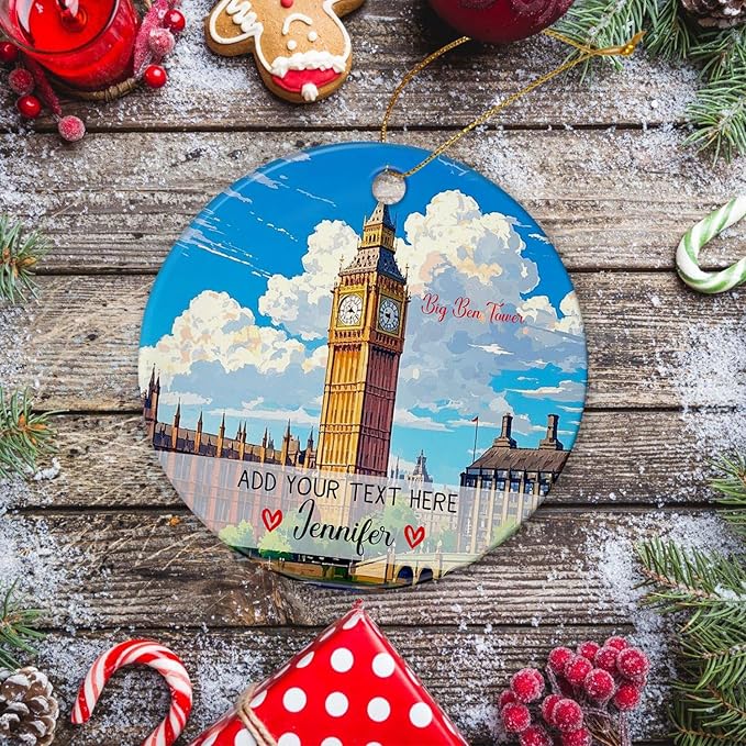 Personalized Text/Name Big Ben Tower Christmas Ceramic Ornament 2025, United Kingdom London Tower Landmark Xmas Ornaments Gift for Traveller Men Women, Custom Big Ben Travel Souvenir Xmas Tree Decor