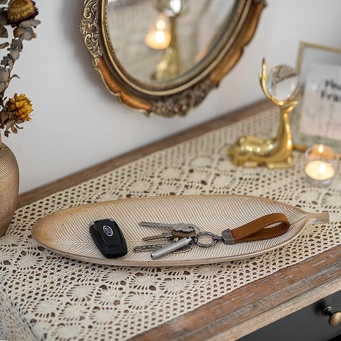Hanobe Leaf Wooden Decorative Tray: Leaf Shaped Wood Key Tray Decor Plate Bowl for Crystal Candle