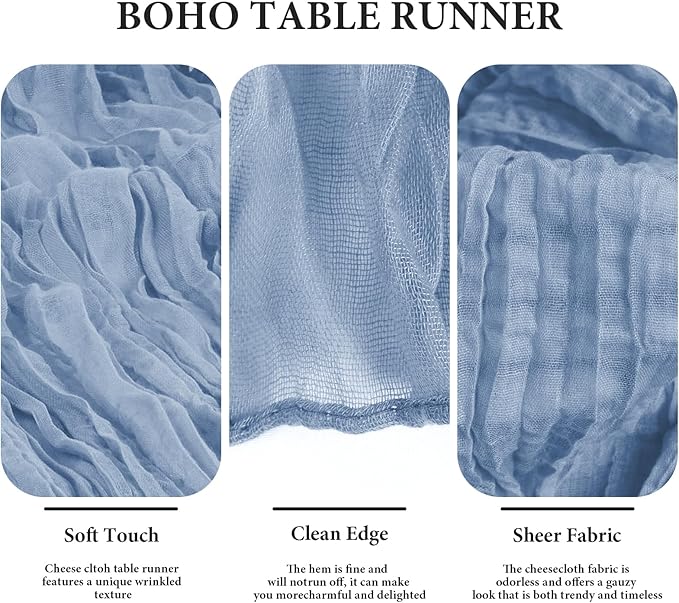 8 Pack Dusty Blue Cheesecloth Table Runner 35x120 Inches 10ft Boho Gauze Rustic Cheese Cloth Runners Long Romantic Sheer Christmas Table Runner for Wedding Bridal Baby Shower Party Decorations