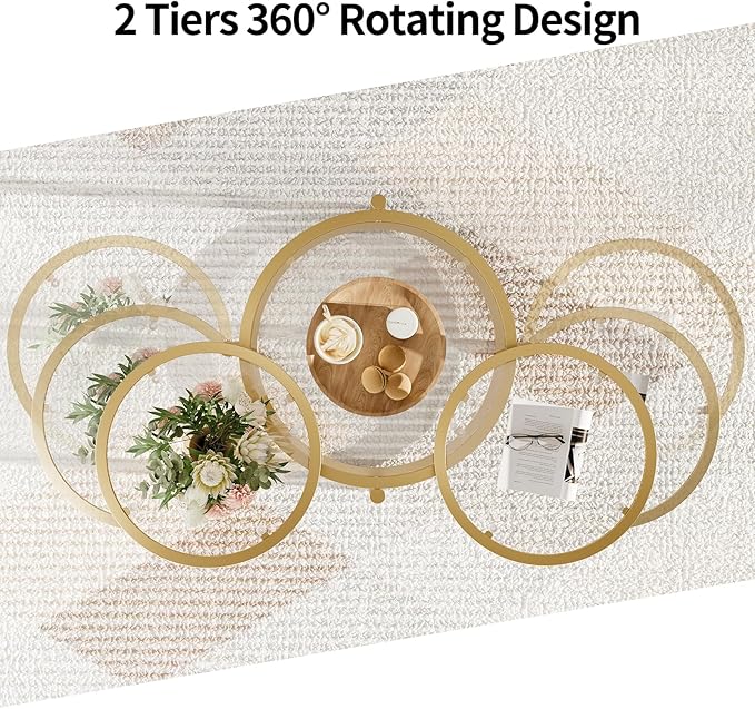 Round Glass Coffee Table - 4 Tier Coffee Tables for Living Room with Rotating Top, Circle Coffee Table with Storage, Modern Clear Center Table with Metal Frame for Small Space, Office, Gold