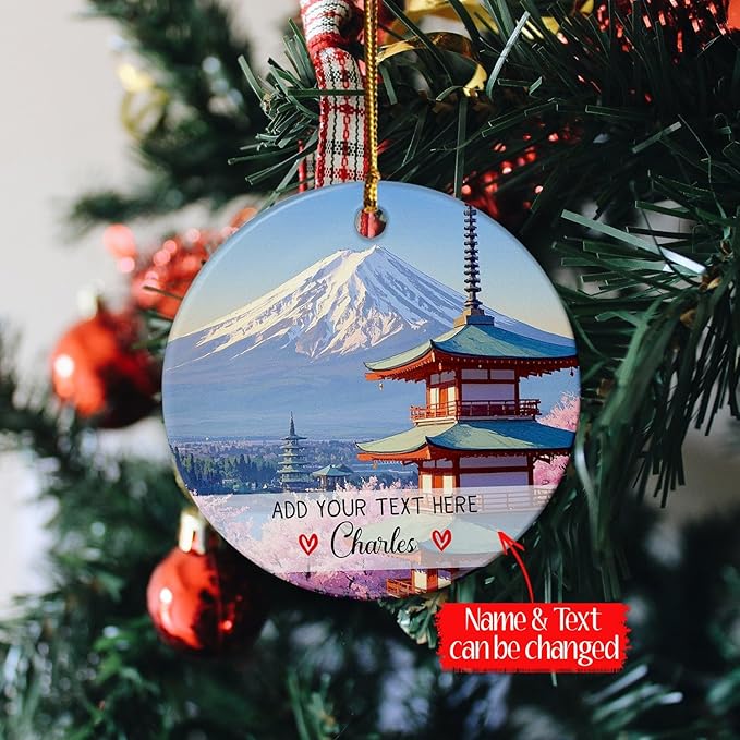 Personalized Text/Name Mount Fuji Ceramic Ornament Christmas 2025, Japanese Trip Souvenir Xmas Tree Hanging Ornament, Mount Fuji Landscape Ornaments, Custom Tokyo City Ornaments Gift for Japan Lovers