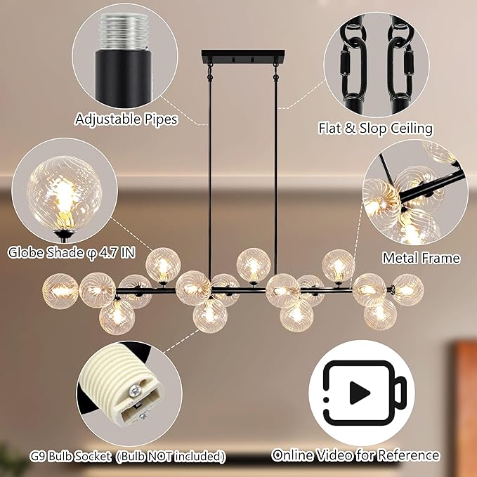 Modern Chandeliers for Dining Room, 16-Light Large Dining Room Light Fixture Linear Sputnik Chandelier Clear Glass Globe Long Bubble Chandelier Farmhouse Island Lights for Kitchen