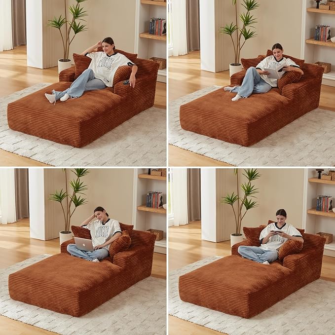 78.7” Chaise Lounge Chair Indoor, Corduroy Upholstered Boneless Sofa Bed with Throw Pillows, Comfy Lounge Sleeper Sofa with Deap Seat for Living Room Bedroom, No Assembly Required, Orange