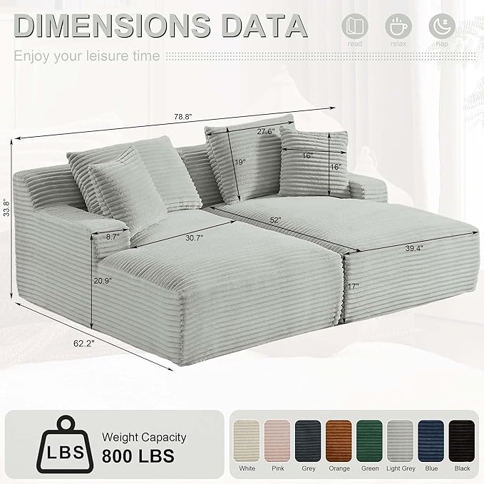 GNIXUU 78.8" Oversized Double Chaise Lounges Indoor, 2 Pieces Comfy Corduroy Chaise Lounge Chair Cloud Boneless Couch, Fluffy Upholstered Sleeper Loveseat Bed for Living Room Bedroom(Light Gray)