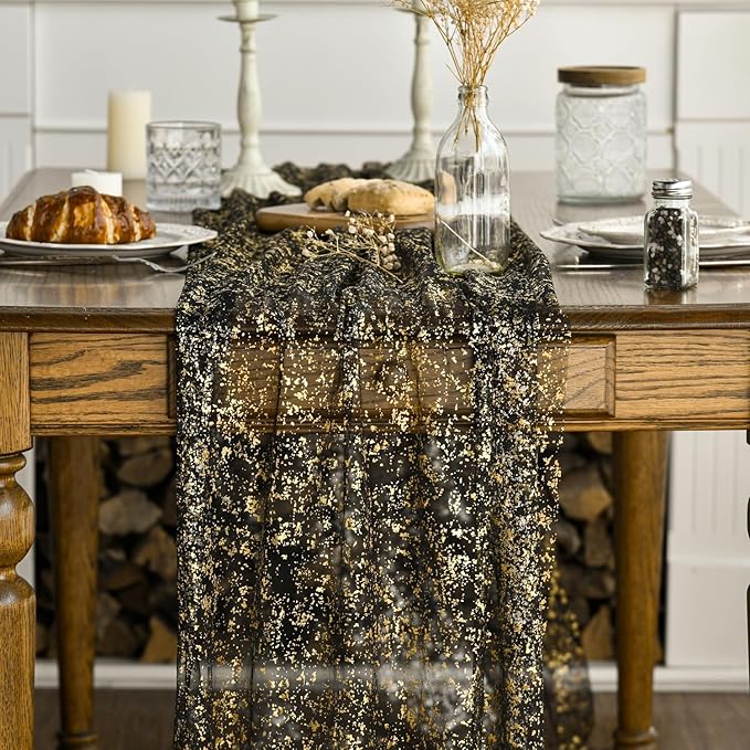 Artoid Mode 3Pcs Black Gold Gauze Table Runner 120 Inch 10FT, Glitter Metallic Foil Sheer Dining Wedding Anniversary Holiday Birthday Table Decor for Home Party