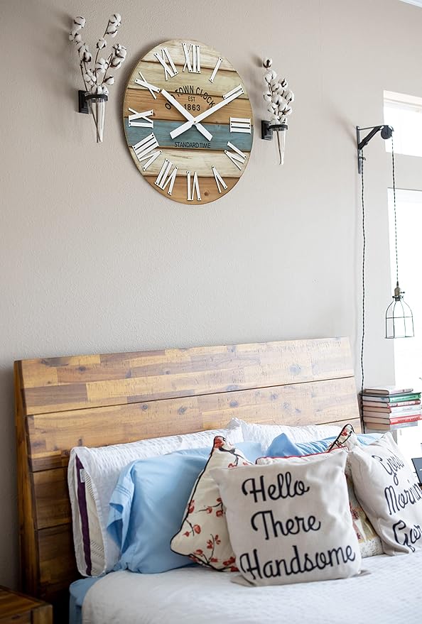 18" Wooden Multi-Color Maritime Coastal Beach Large Roman Wall Clock (Blue, 18 inch)