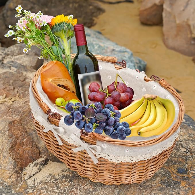 G GOOD GAIN Wicker Picnic Basket with Double Folding Handles,Willow Picnic Hamper,Natural Hand Woven Easter Basket,Easter Eggs and Candy Basket,Bath Toy and Kids Toy Storage,Gift Packing Basket.White