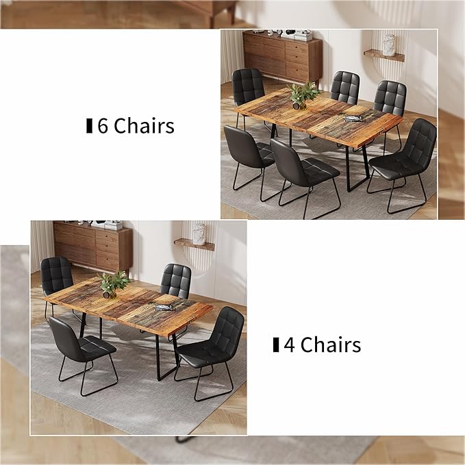 ZckyCine Extendable Dining Table Set 47"-63", Rustic Wood Table with 6 PU Leather Chairs, Modern Scandinavian Dining Room Furniture for Kitchen Apartment