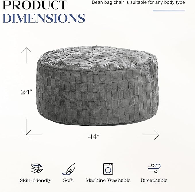 Hobestluk Bean Bag Chairs Beanbag Chair with Filler Adult Bean Bags with Fluffy Plaid Cover, Giant Bean Bag Chairs for Adults for Living Room, Bedroom (Grey, 4FT - 44” x 44” x 24”)