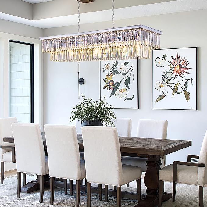 Wellmet Chrome Chandelier 57 inch, 13-Light Modern Rectangular Crystal Chandelier Ceiling Hanging, Linear Chandeliers Light Fixture for Living Room, Dining Room, Bedroom, Kitchen Island