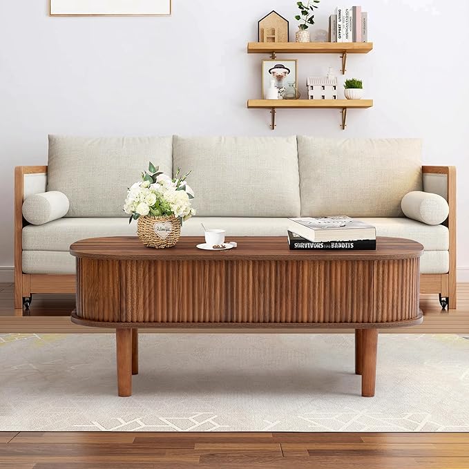 Fluted Lift Top Coffee Table with Hidden Compartment, Fully Assembled Wooden Center Table, Modern Oval Lift Tabletop for Home Living Room Office, Walnut