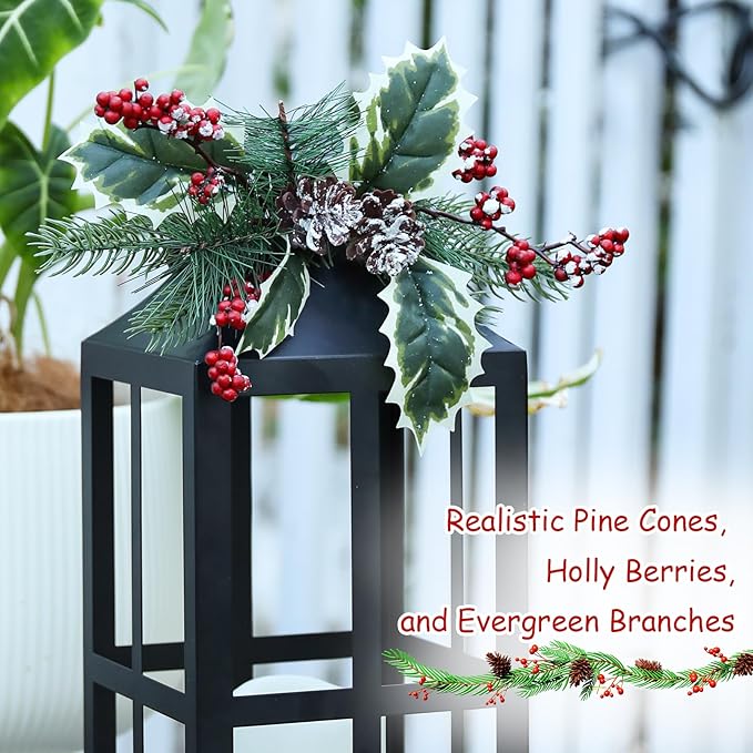 Bdor 2 Pack Christmas Lantern Decoration with LED Flameless Candle, Pinecones & Holly Berries, Holiday Tabletop or Porch Decor, Battery Operated Christmas Lighting