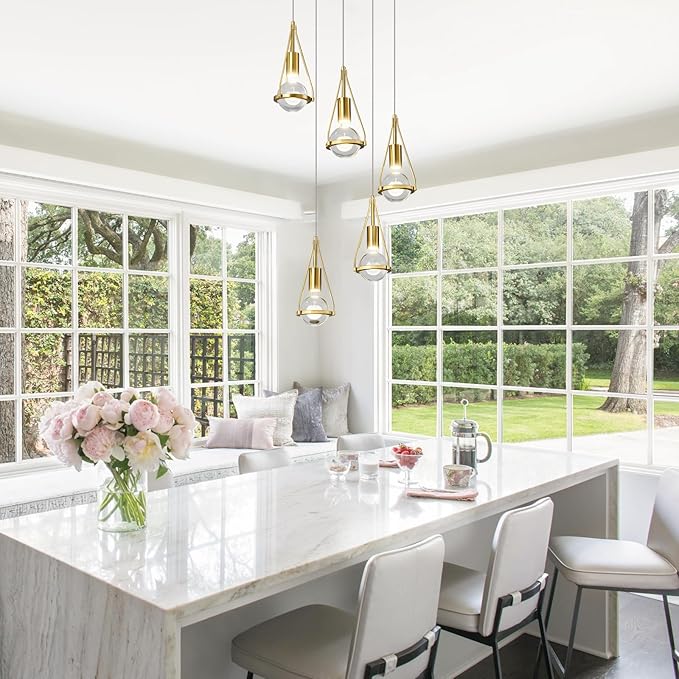 Gold Dandelion Pendant Light in Brushed Brass Finish, 5-Light Modern Crystal Kitchen Island Pendant Lighting Dimmable LED Hanging Ceiling Light Fixture for Bathroom Bedroom