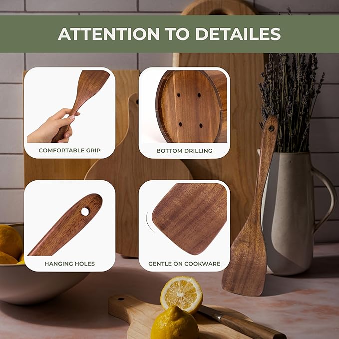 XXL Wooden Utensil Set – 13 Piece Acacia Wood Cooking Tools with Round Holder for Nonstick Cookware with Holder & Spoon Rest – Wooden Spoons for Cooking, Spatula, Spurtle