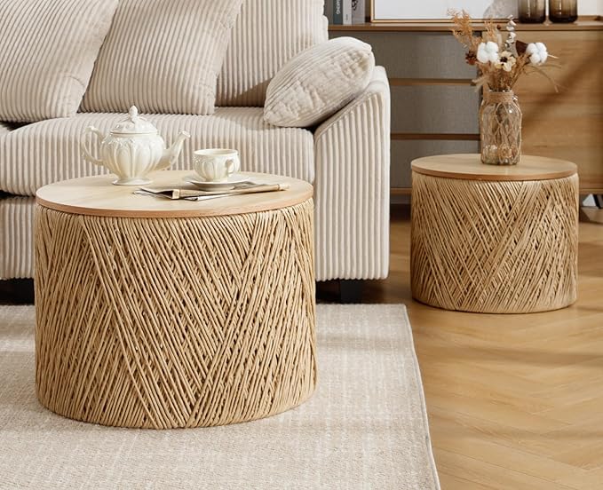 chairus Nesting Coffee Table Set of 2 Woven Round Coffee Table with Storage Solid Wood Side Table for Small Spaces, Living Room, Bedroom, Office, Natural